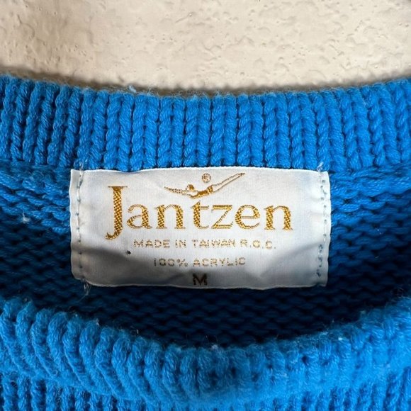 Vintage Jantzen Nautical Sweater 3/4 Sleeve Medium Blue White Stripe Crochet - Picture 5 of 7